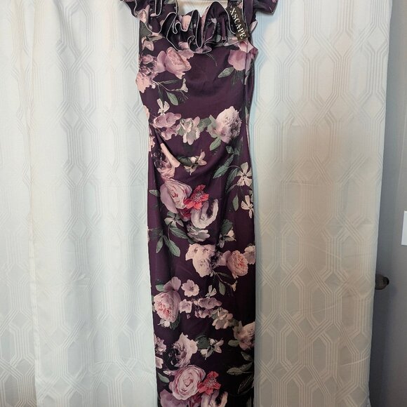 Xscape Womens Ruffled Long Evening Dress Sz 14 / Purple w pink floral design - Picture 3 of 7